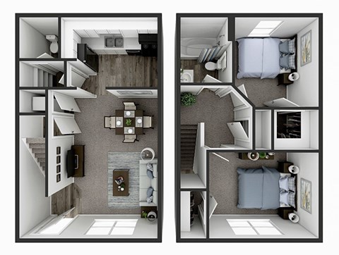 Floor plan for 2 beds, 1.5 baths, 1075 sqft
